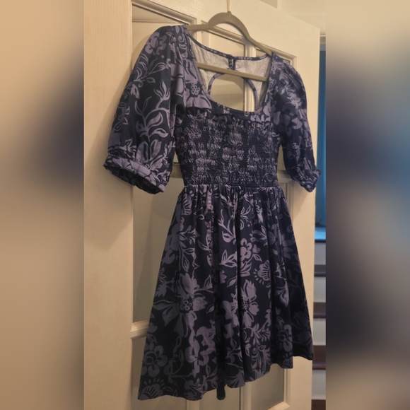 Free People Navy Floral Mini Dress W/ Puff Sleeves Smocked Bodice& Heart Buttons - Picture 10 of 13